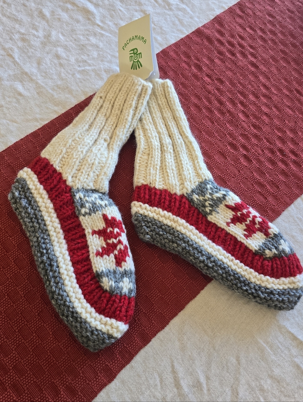 Women's Cream, Red & Gray Knit Slipper Socks